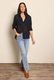 Model Amandam wearing size 10 of the The Go To Comfort Shirt - Black in colour Black, from the front