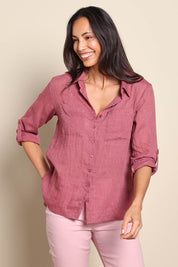 Model Amandam wearing size 10 of the The Go To Comfort Shirt - Dusty rose in colour Dusty Rose, in a cropped view