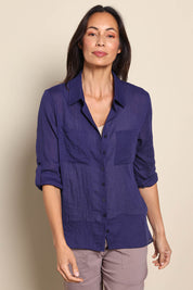 Model Amandam wearing size 10 of the The Go To Comfort Shirt - Navy in colour Navy, in a cropped view