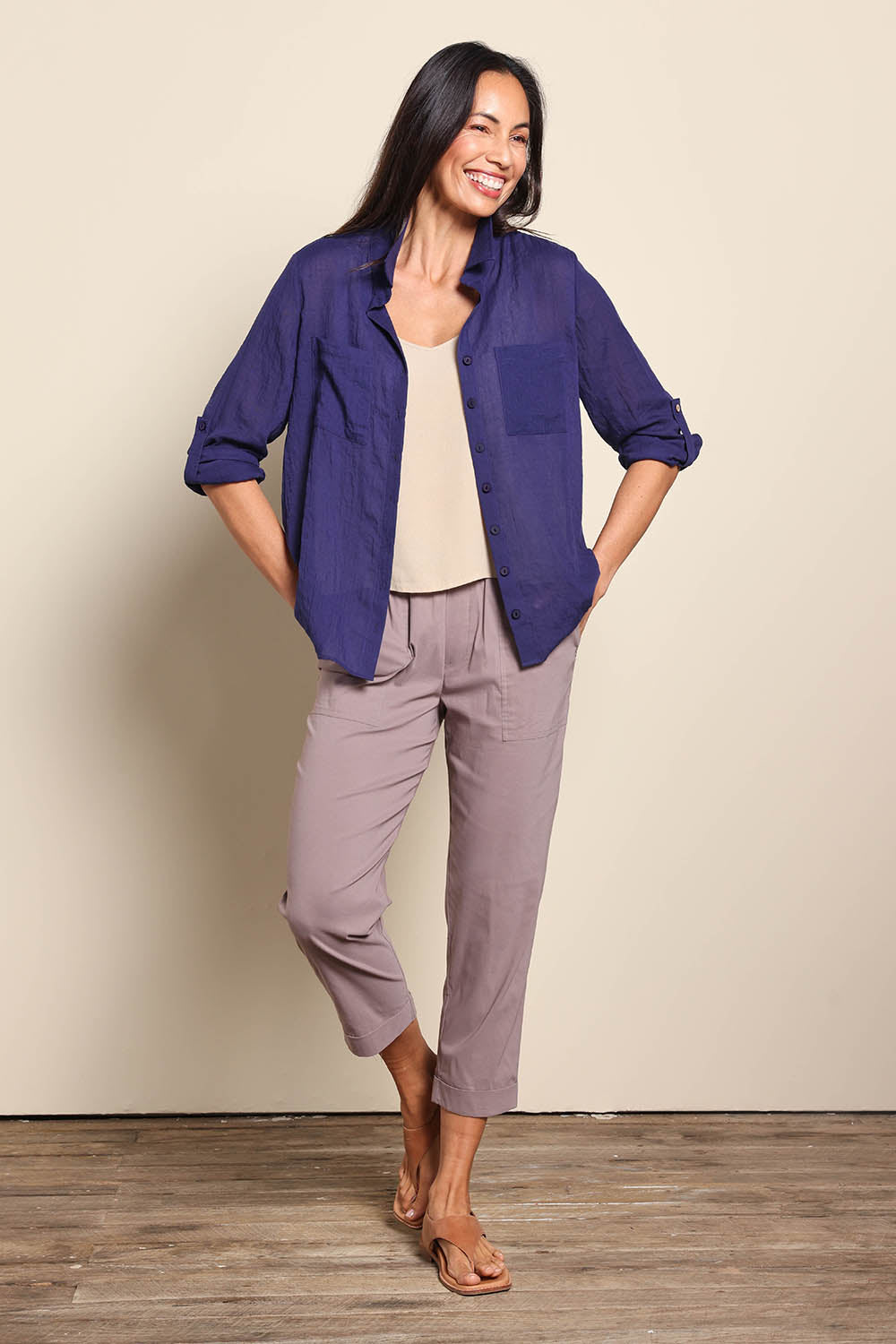 Model Amandam wearing size 10 of the The Go To Comfort Shirt - Navy in colour Navy, from the front