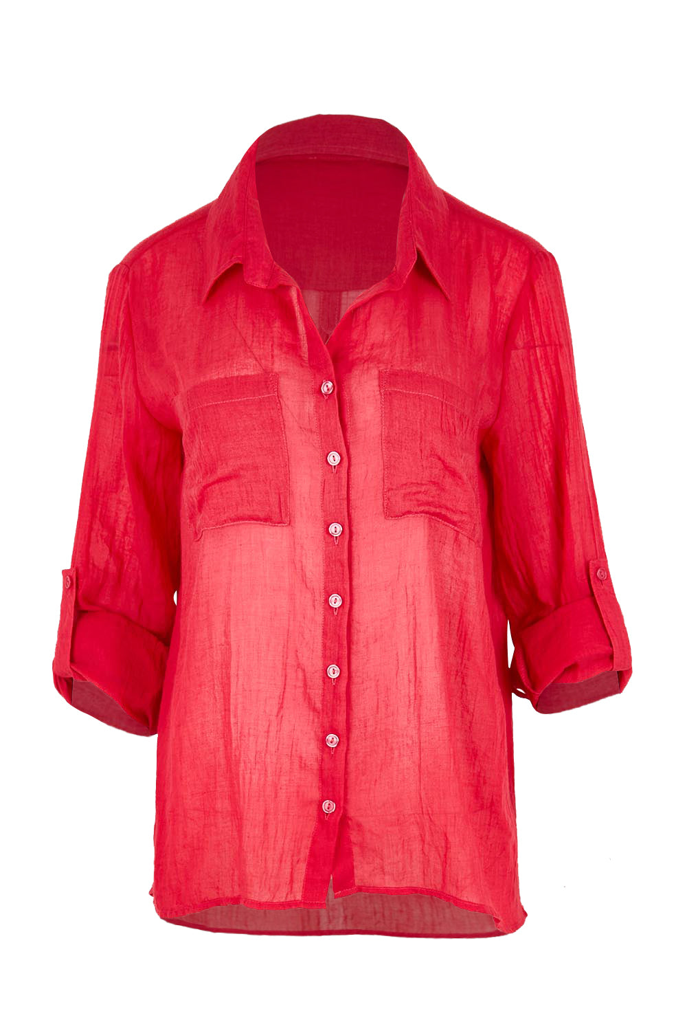 Product shot of the The Go To Comfort Shirt - Raspberry in colour Raspberry, showing detail