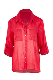 Product shot of the The Go To Comfort Shirt - Raspberry in colour Raspberry, showing detail