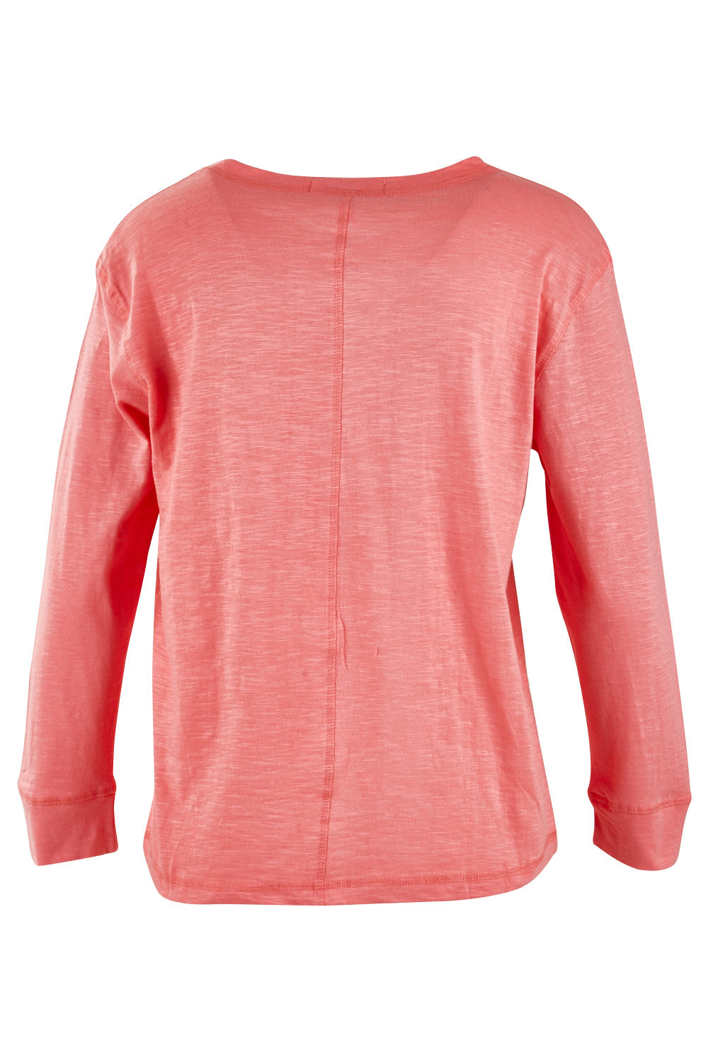 Product shot of The Relaxed Henley Tee in colour Coral (Pink), from the back