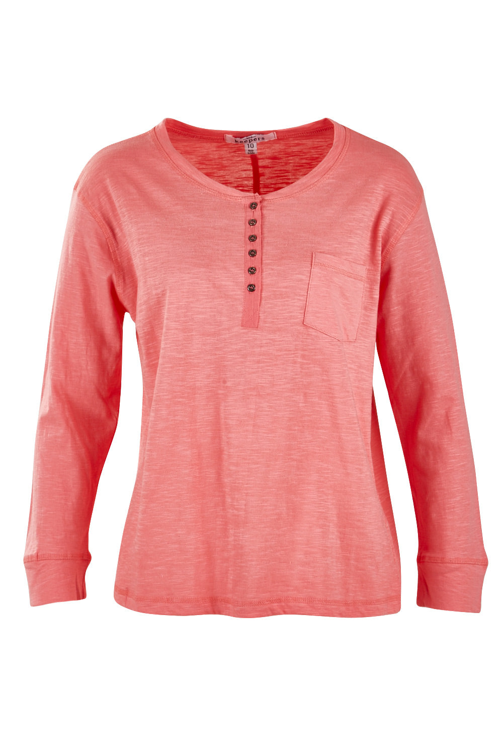 Product shot of The Relaxed Henley Tee in colour Coral (Pink), from the back