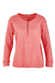 Product shot of The Relaxed Henley Tee in colour Coral (Pink), from the back