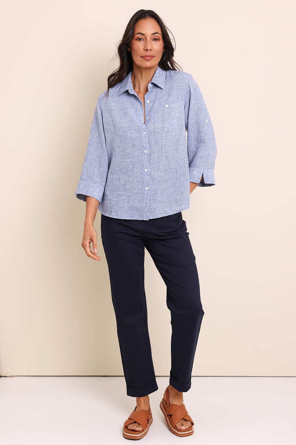 Model Amandam wearing size 10 of the The Easy Wear Shirt  - Navy in colour Navy, from the front
