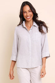 Model Amandam wearing size 10 of the The Easy Wear Shirt  - Oyster in colour Oyster, in a cropped view