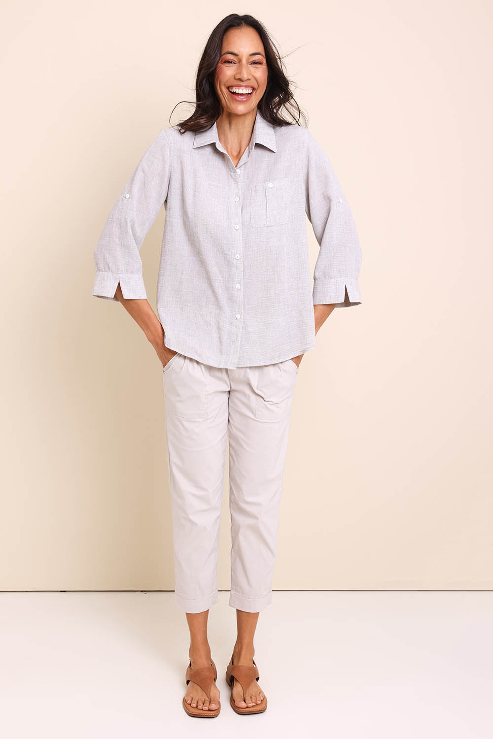 Model Amandam wearing size 10 of the The Easy Wear Shirt  - Oyster in colour Oyster, from the front