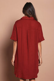 Model Amanda wearing size 10 of The Must Have Linen Look Shacket Dress in colour Sangria (Red), from the back