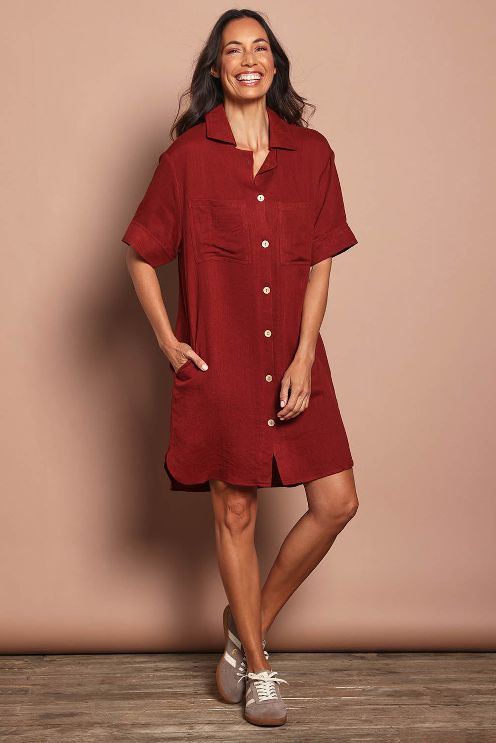 Model Amanda wearing size 10 of The Must Have Linen Look Shacket Dress in colour Sangria (Red), from the front, showing the whole outfit