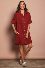 Model Amanda wearing size 10 of The Must Have Linen Look Shacket Dress in colour Sangria (Red), from the front, showing the whole outfit