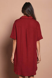 Model Amandam wearing size 10 of the The Must Have Linen Look Shacket Dress - Sangria in colour Sangria, from the back