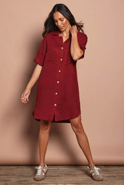 Model Amandam wearing size 10 of the The Must Have Linen Look Shacket Dress - Sangria in colour Sangria, from the front