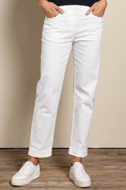 Model Amandam wearing size 10 of the The Teachers Pant With Pockets – White in colour White, in a cropped view