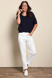 Model Amandam wearing size 10 of the The Teachers Pant With Pockets – White in colour White, from the front