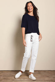 Model Amandam wearing size 10 of the The Teachers Pant With Pockets – White in colour White, from the front