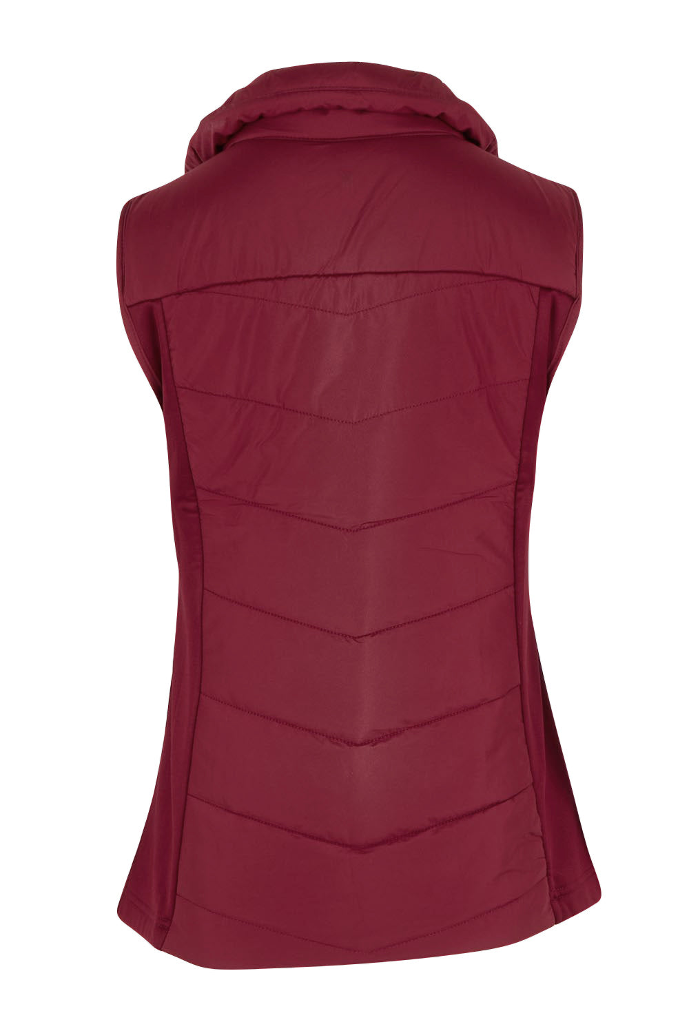 Product shot of The Keepers Puffer Vest in colour Wine (Red), from the back