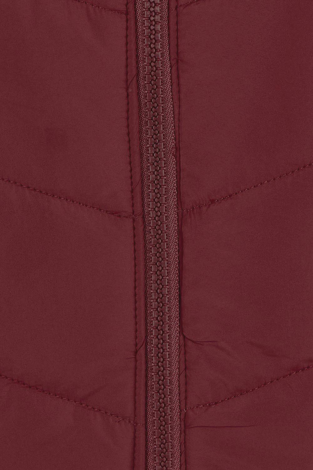 Product shot of The Keepers Puffer Vest in colour Wine (Red), detail