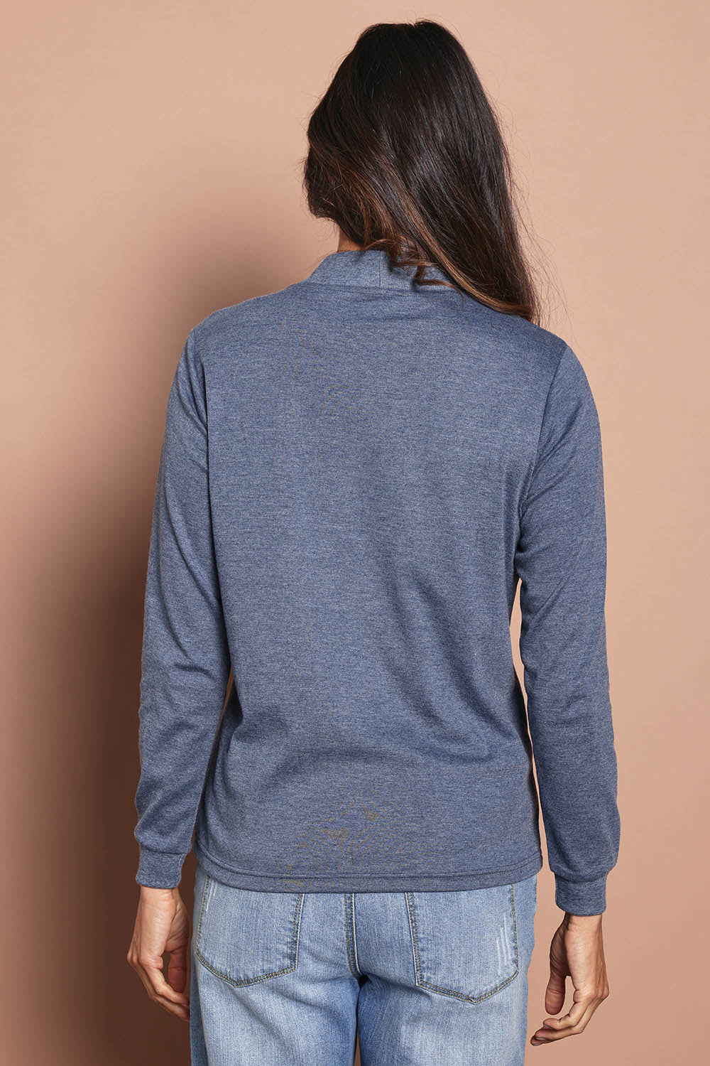 Model Amanda wearing size 10 of The Cotton Blend Skivvy in colour Denimmarle (Blue), from the back
