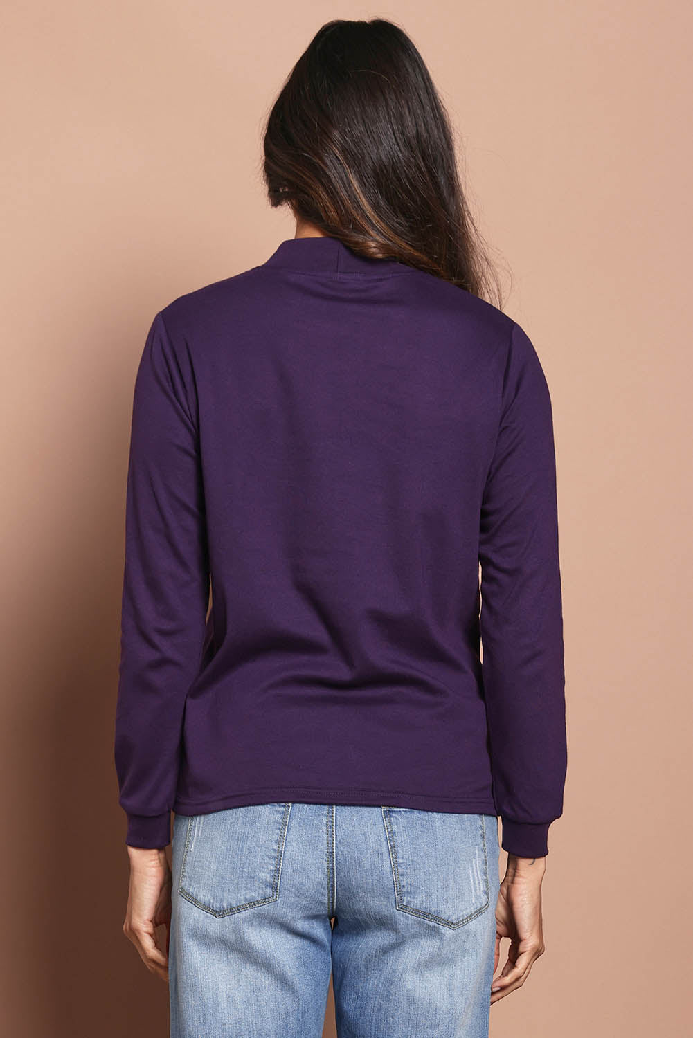 Model Amanda wearing size 10 of The Cotton Blend Skivvy in colour Grape (Purple), from the front, cropped image