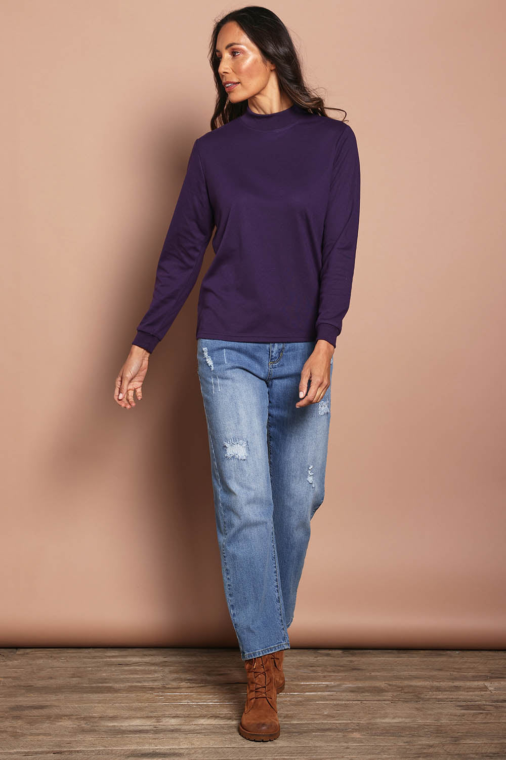 Model Amanda wearing size 10 of The Cotton Blend Skivvy in colour Grape (Purple), from the front, showing the whole outfit