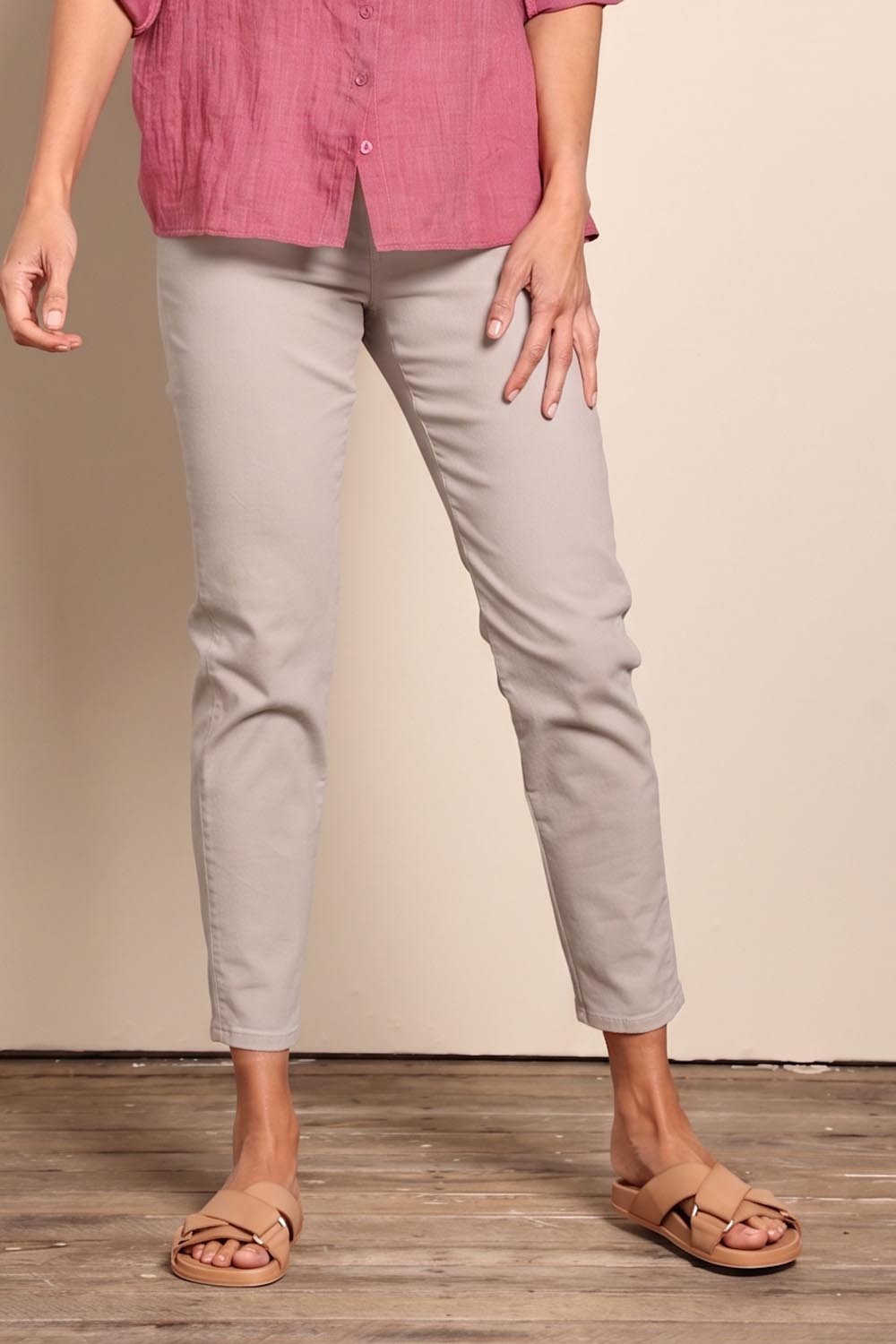 Model Amandam wearing size 10 of the The Cotton Pull On Stretch Comfort Pant – Biscuit in colour Biscuit, in a cropped view