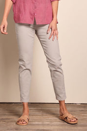 Model Amandam wearing size 10 of the The Cotton Pull On Stretch Comfort Pant – Biscuit in colour Biscuit, in a cropped view