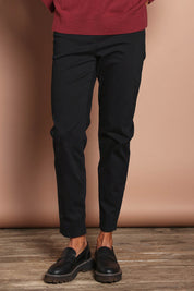 Model Amanda wearing size 10 of The Cotton Pull On Stretch Comfort Pant in colour Black (Black), from the front, cropped image