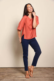 Model Amandam wearing size 10 of the The Cotton Pull On Stretch Comfort Pant – Indigo in colour Indigo, from the front