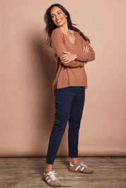 Model Amanda wearing size 10 of The Cotton Pull On Stretch Comfort Pant in colour Navy (Blue), from the front, showing the whole outfit