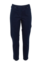 Product shot of The Cotton Pull On Stretch Comfort Pant in colour Navy (Blue), from the front