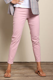 Model Amandam wearing size 10 of the The Cotton Pull On Stretch Comfort Pant – Pink in colour Pink, in a cropped view