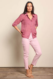 Model Amandam wearing size 10 of the The Cotton Pull On Stretch Comfort Pant – Pink in colour Pink, from the front
