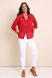 Model Amandam wearing size 10 of the The Cotton Pull On Stretch Comfort Pant – White in colour White, from the front