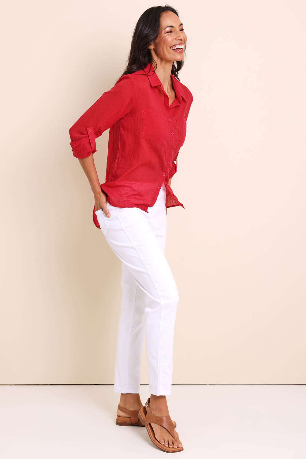 Model Amandam wearing size 10 of the The Cotton Pull On Stretch Comfort Pant – White in colour White, from the front