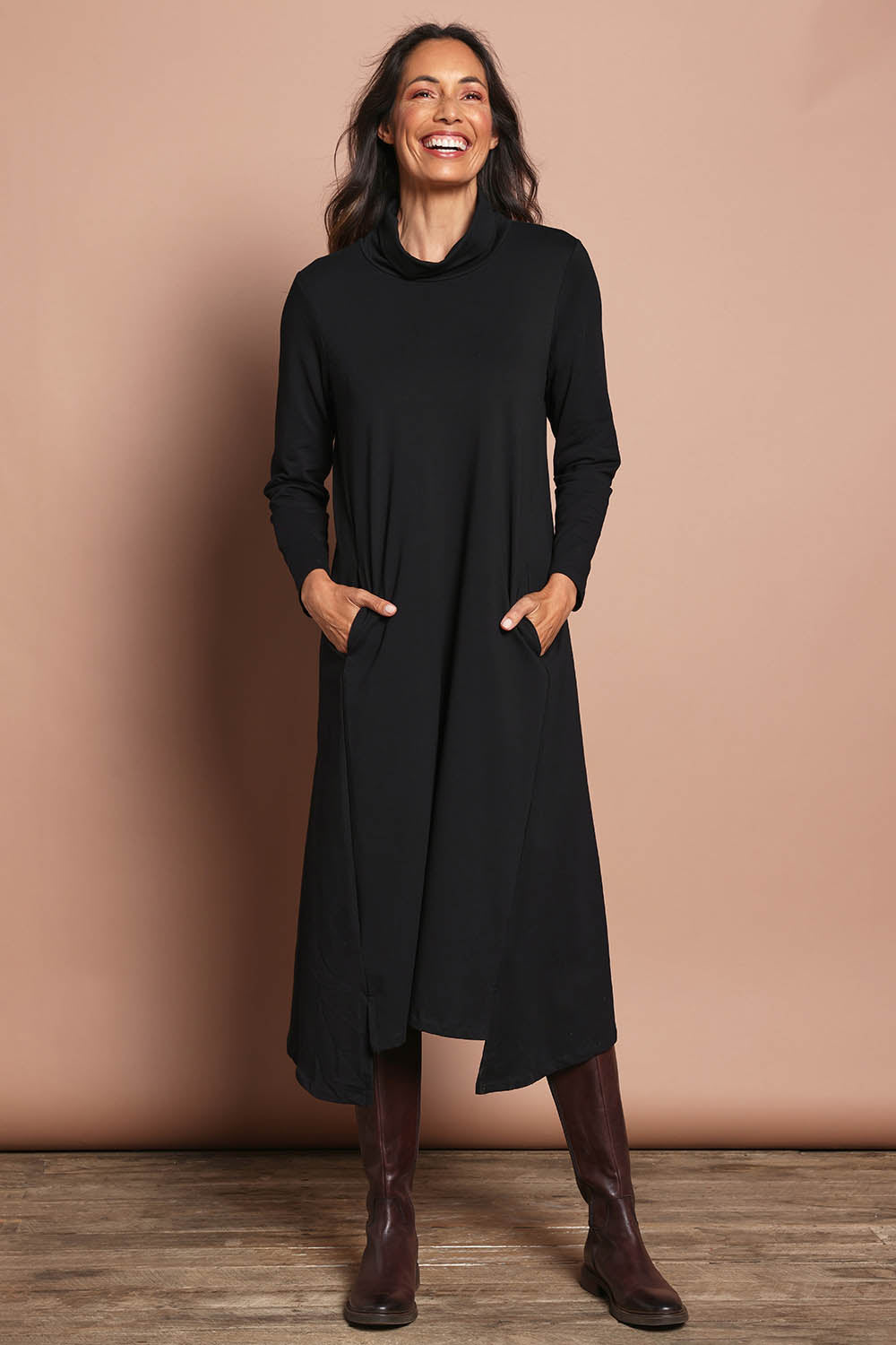 The Cotton Blend Cowl Neck Dress – Black
