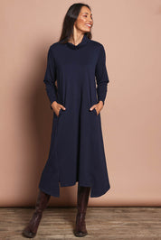 The Cotton Blend Cowl Neck Dress – Navy