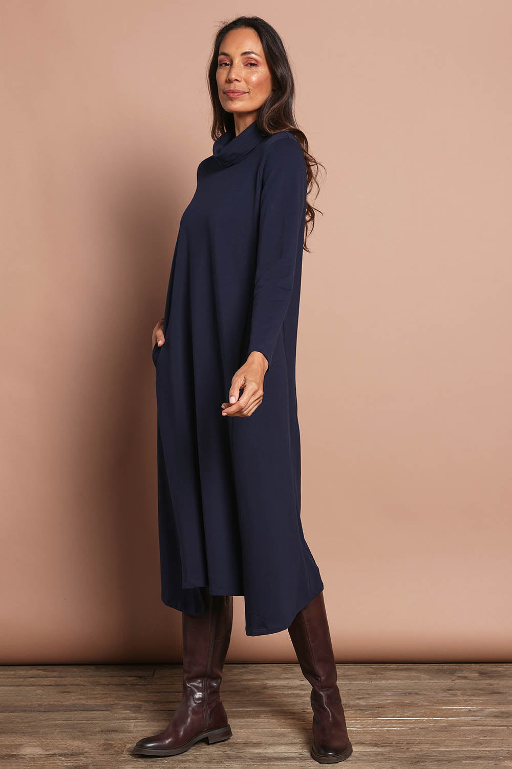 The Cotton Blend Cowl Neck Dress – Navy