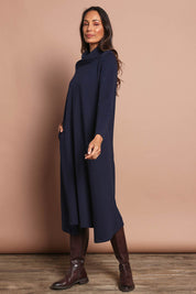 The Cotton Blend Cowl Neck Dress – Navy