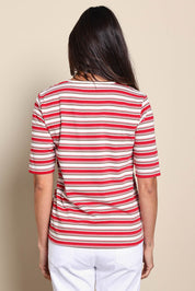 Model Amandam wearing size 10 of the The Classic Cotton Striped Tee – Redwhite in colour Redwhite, from the back