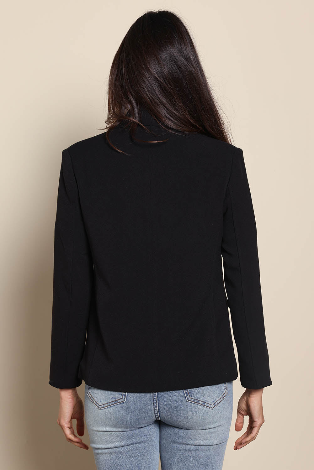Model Amandam wearing size 10 of the The Classic Double Breasted Blazer – Black in colour Black, from the back