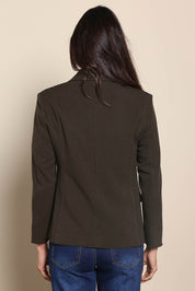 Model Amandam wearing size 10 of the The Classic Double Breasted Blazer – Olive in colour Olive, from the back
