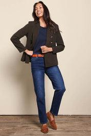 Model Amandam wearing size 10 of the The Classic Double Breasted Blazer – Olive in colour Olive, from the front