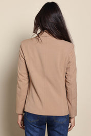 Model Amandam wearing size 10 of the The Classic Double Breasted Blazer – Tan in colour Tan, from the back
