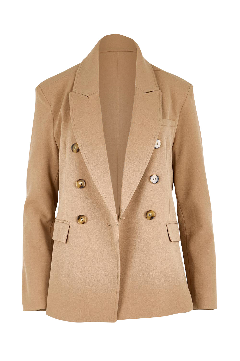 Product shot of the The Classic Double Breasted Blazer – Tan in colour Tan, from the front