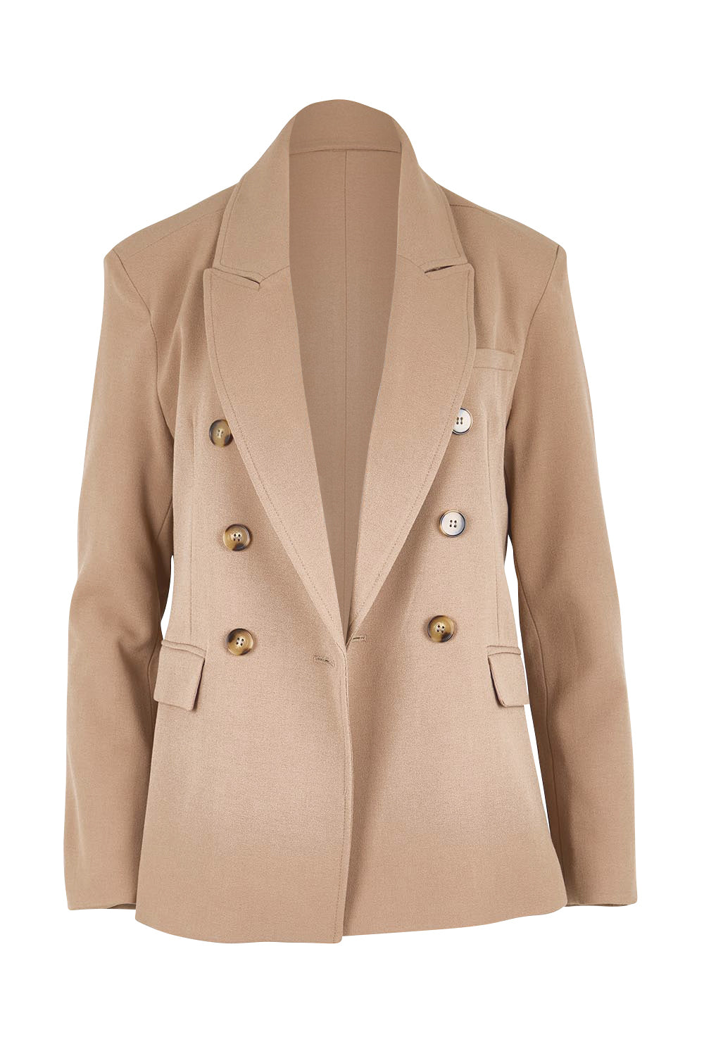 Product shot of the The Classic Double Breasted Blazer – Tan in colour Tan, from the front