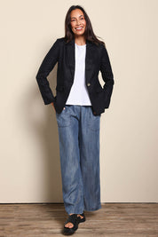 Model Amandam wearing size 10 of the The Classic Every Wear Blazer – Black in colour Black, from the front