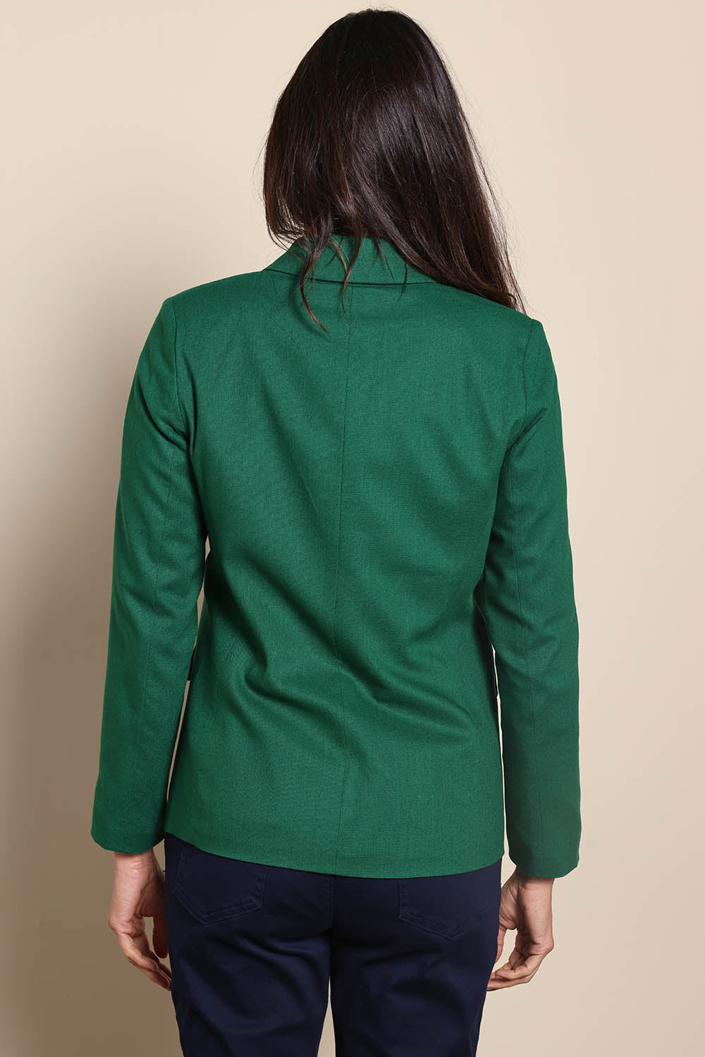 Model Amandam wearing size 10 of the The Classic Every Wear Blazer – Emerald in colour Emerald, from the back