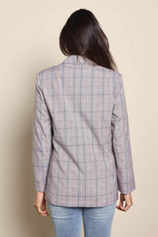 Model Amandam wearing size 10 of the The Summer Check Blazer – Greypink in colour Greypink, from the back