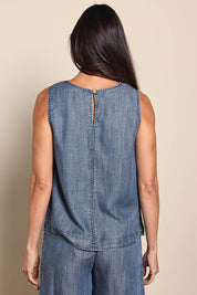 Model Amandam wearing size 10 of the The Luxe Lyocell Tank – Indigo in colour Indigo, from the back
